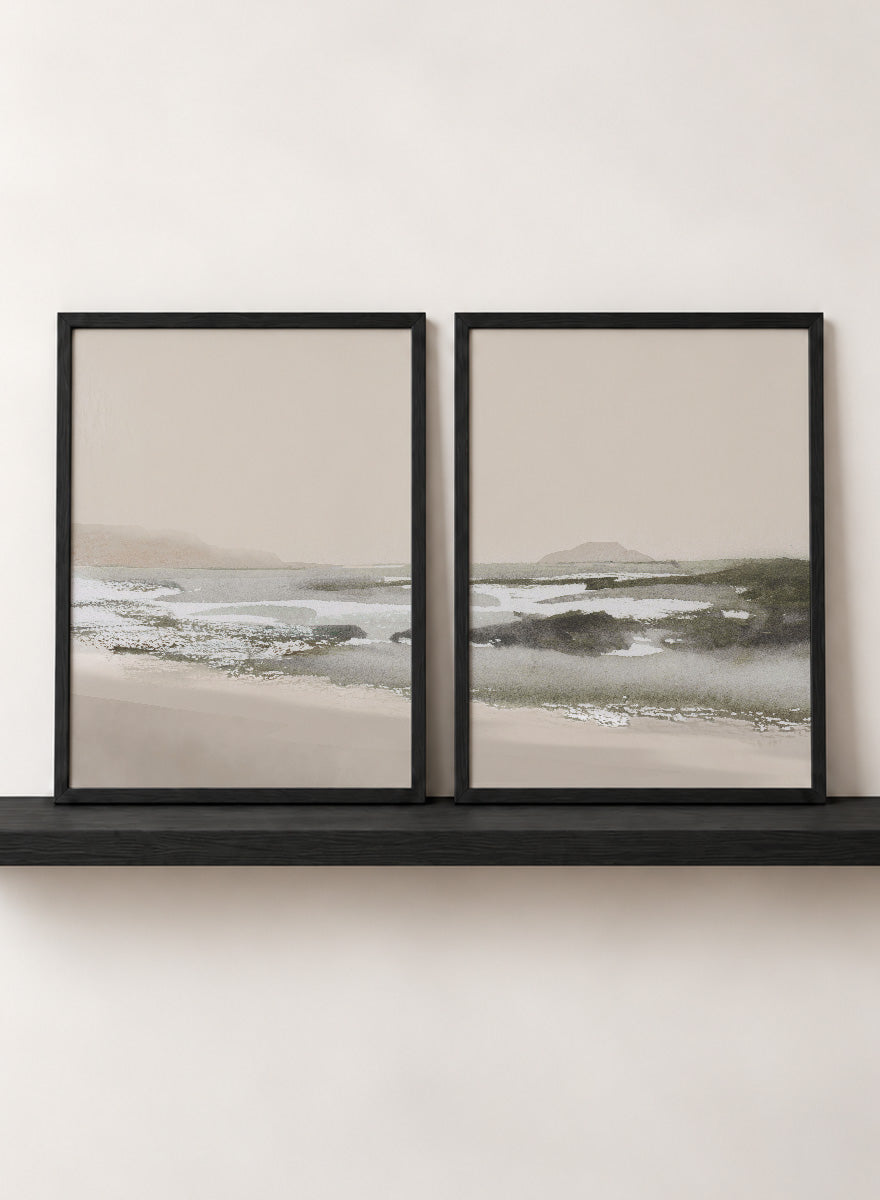 Shop Calm Beach by Dan Hobday, a set of 2 coastal landscape wall art prints posters capturing tidal sandbars, distant islands, and a quiet shoreline.