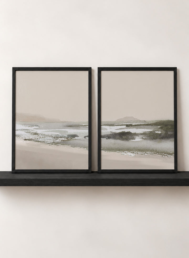 Shop Calm Beach by Dan Hobday, a set of 2 coastal landscape wall art prints posters capturing tidal sandbars, distant islands, and a quiet shoreline.
