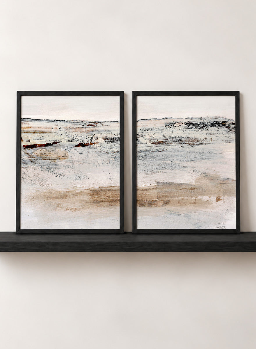 Shop August by Dan Hobday, a set of 2 abstract landscape wall art prints posters featuring a soft horizon, weathered texture, and warm cream tones.