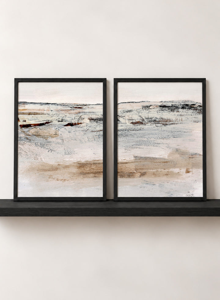 Shop August by Dan Hobday, a set of 2 abstract landscape wall art prints posters featuring a soft horizon, weathered texture, and warm cream tones.