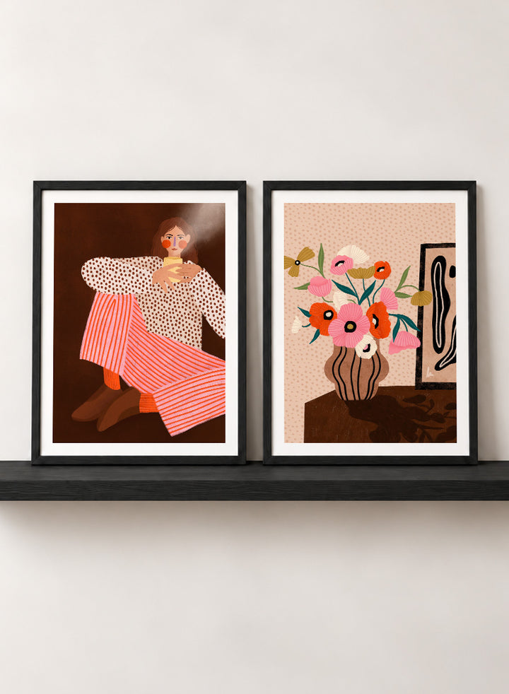 Shop Autumn Mood by Bea Müller, a set of 2 wall art prints posters pairing a modern figurative portrait with a floral still life in warm brown tones.