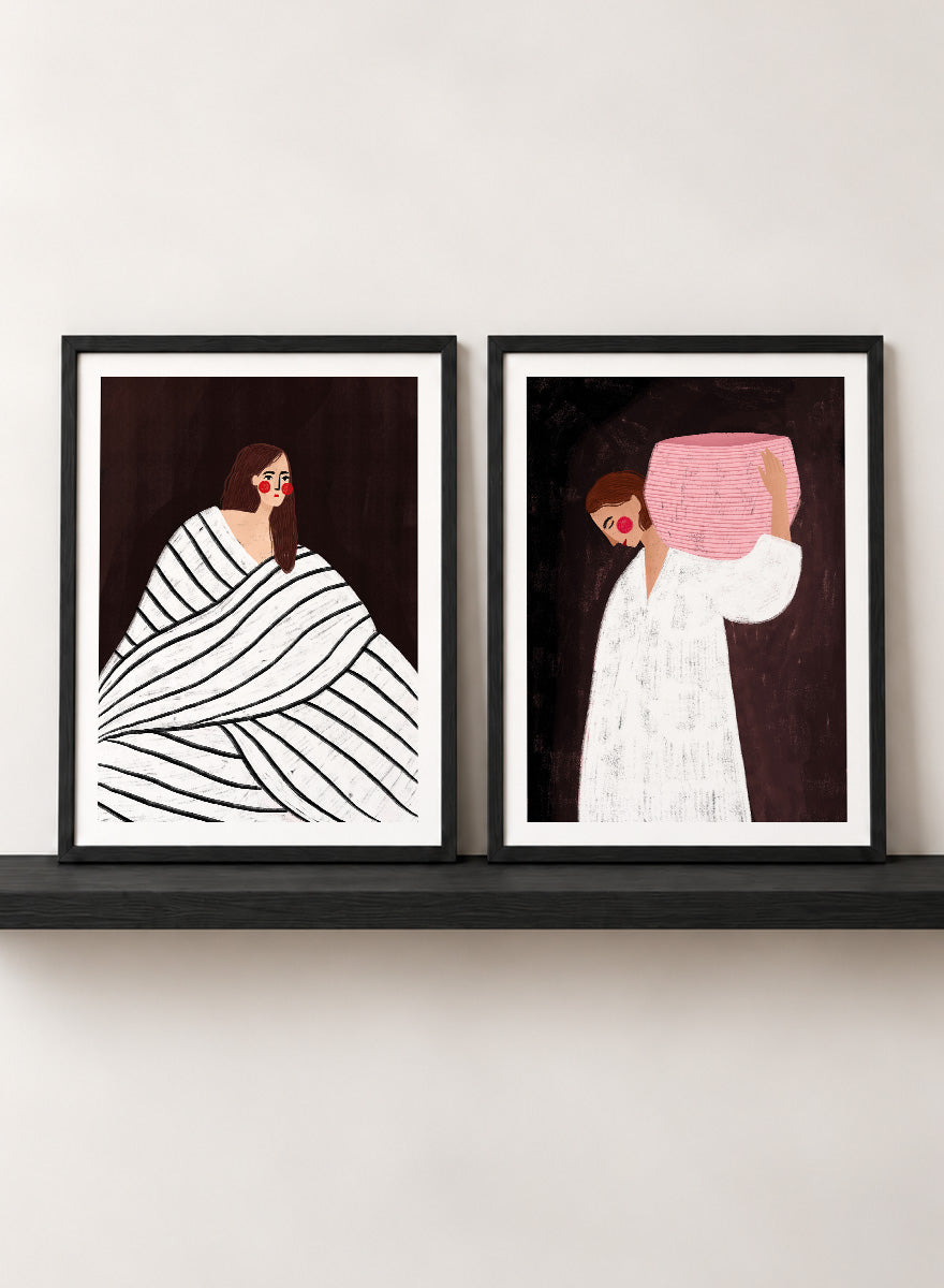 Shop In Her Own World by Bea Müller, a set of 2 figurative wall art prints posters featuring modern women, bold stripes, pink accents, and rich brown tones.
