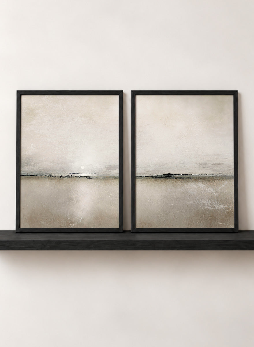 Shop Sunlight Bay by Dan Hobday, a set of 2 minimalist landscape wall art prints posters featuring a soft horizon, open water, and warm brown and cream tones.