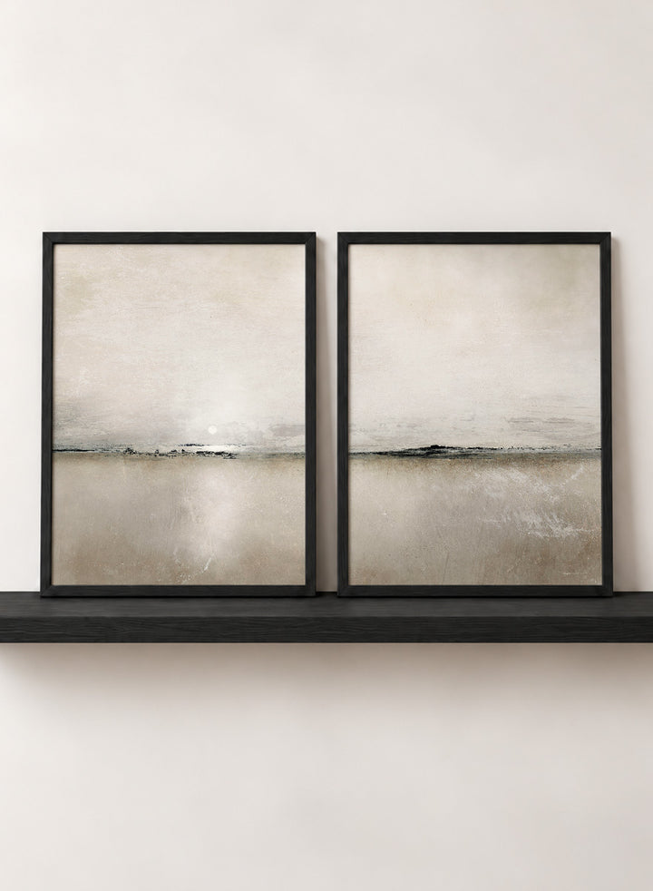 Shop Sunlight Bay by Dan Hobday, a set of 2 minimalist landscape wall art prints posters featuring a soft horizon, open water, and warm brown and cream tones.