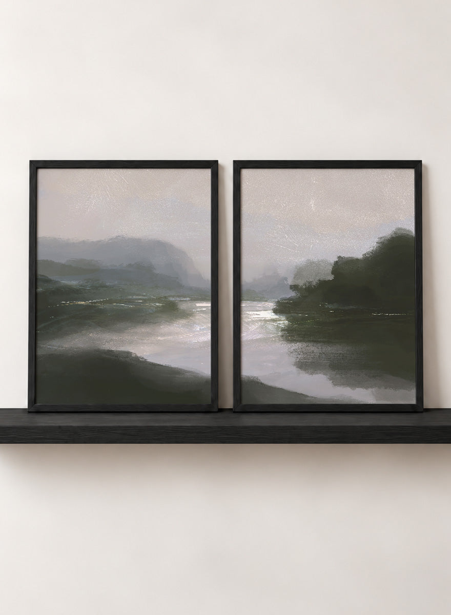 Shop Tranquillitas by Dan Hobday, a set of 2 landscape wall art prints posters featuring misty water, tree-lined banks, distant hills, and deep grey green tones.