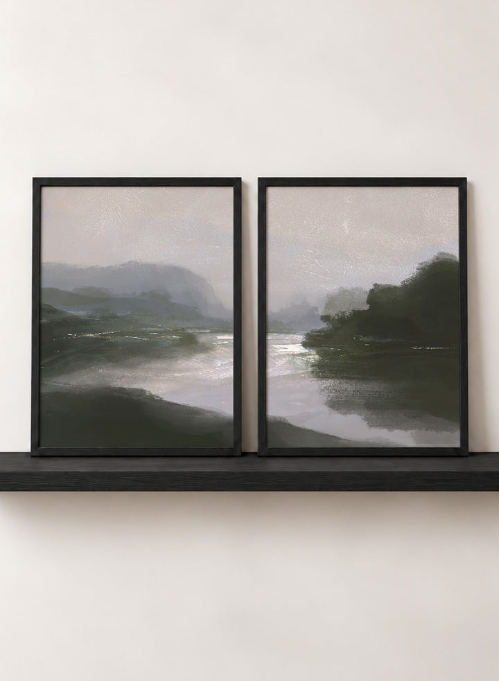 Shop Tranquillitas by Dan Hobday, a set of 2 landscape wall art prints posters featuring misty water, tree-lined banks, distant hills, and deep grey green tones.