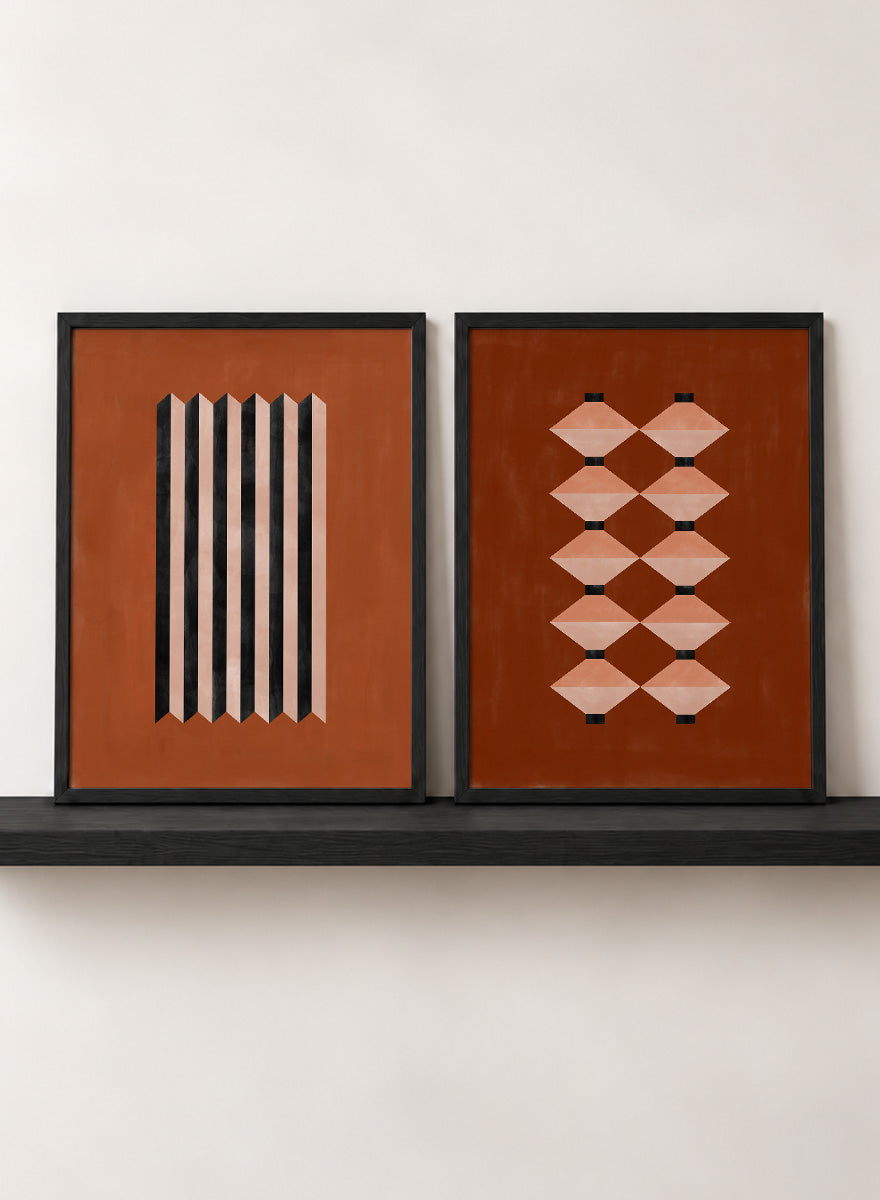 Shop Geometric Rhythm by Elena Ristova, a set of 2 modern wall art prints posters featuring folded stripes, stacked forms, terracotta tones, and bold graphic pattern.