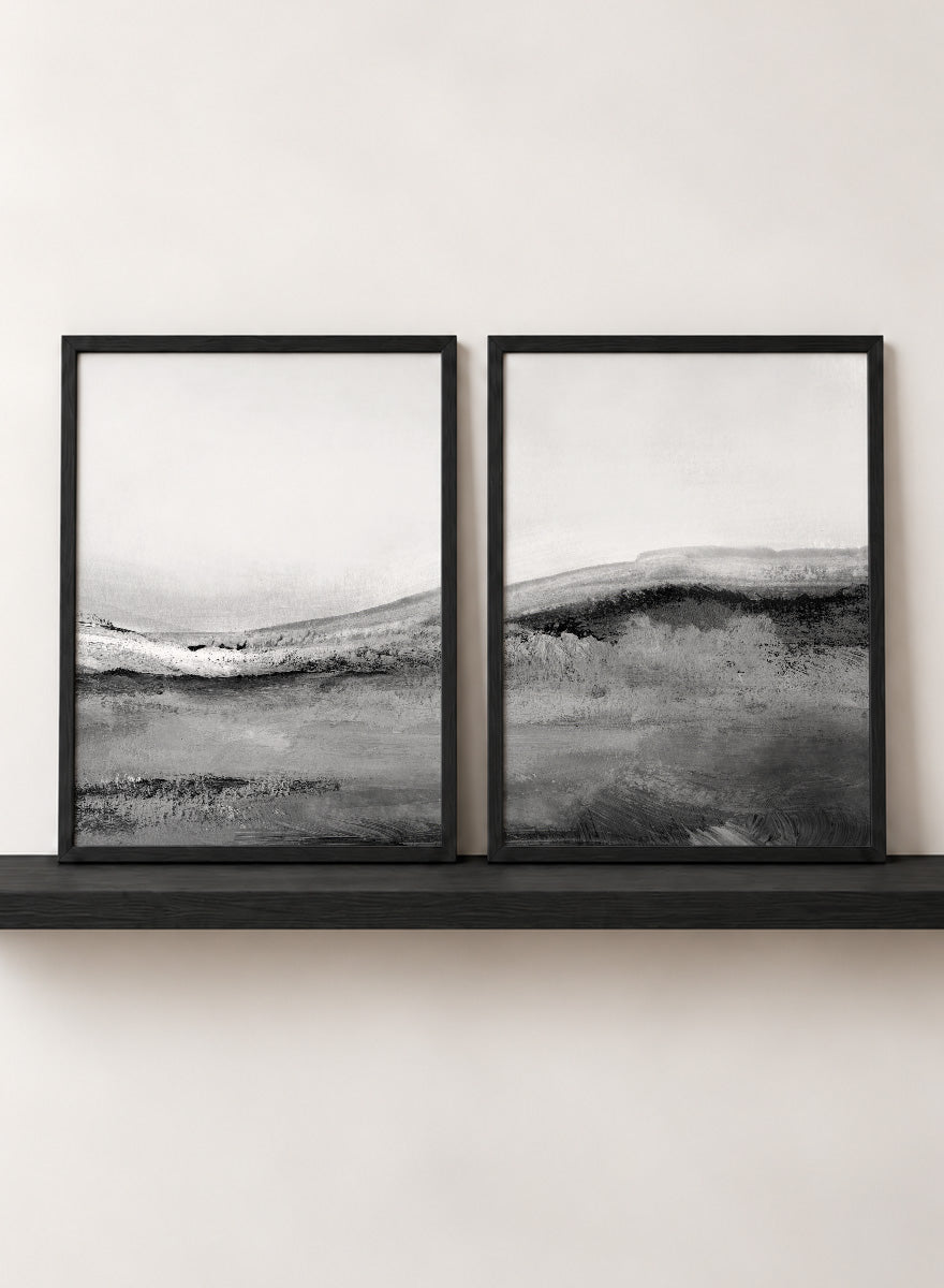 Shop Mono Landscape No.02 by Dan Hobday, a set of 2 black and white landscape wall art prints posters featuring layered hills and soft black and white tones.