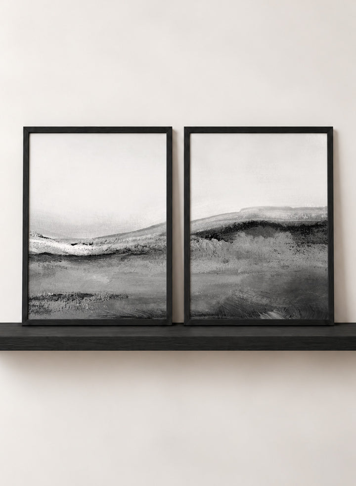 Shop Mono Landscape No.02 by Dan Hobday, a set of 2 black and white landscape wall art prints posters featuring layered hills and soft black and white tones.
