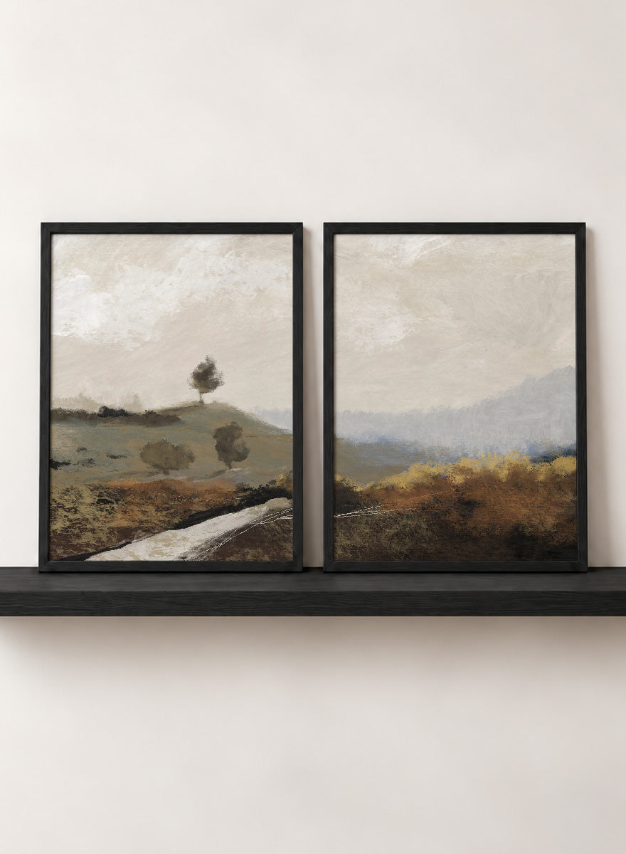 Shop La Collina by Dan Hobday, a set of 2 landscape wall art prints posters featuring rolling hills, winding paths, and warm earthy countryside tones.