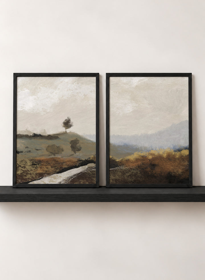 Shop La Collina by Dan Hobday, a set of 2 landscape wall art prints posters featuring rolling hills, winding paths, and warm earthy countryside tones.