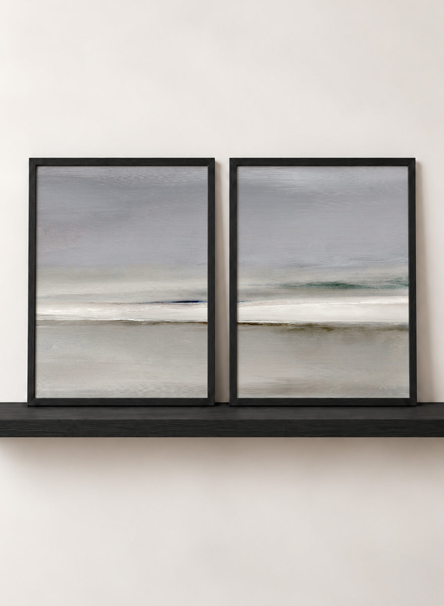 Shop Horizon by Dan Hobday, a set of 2 minimalist landscape wall art prints posters featuring soft gray seascapes, open water, and a quiet horizon.