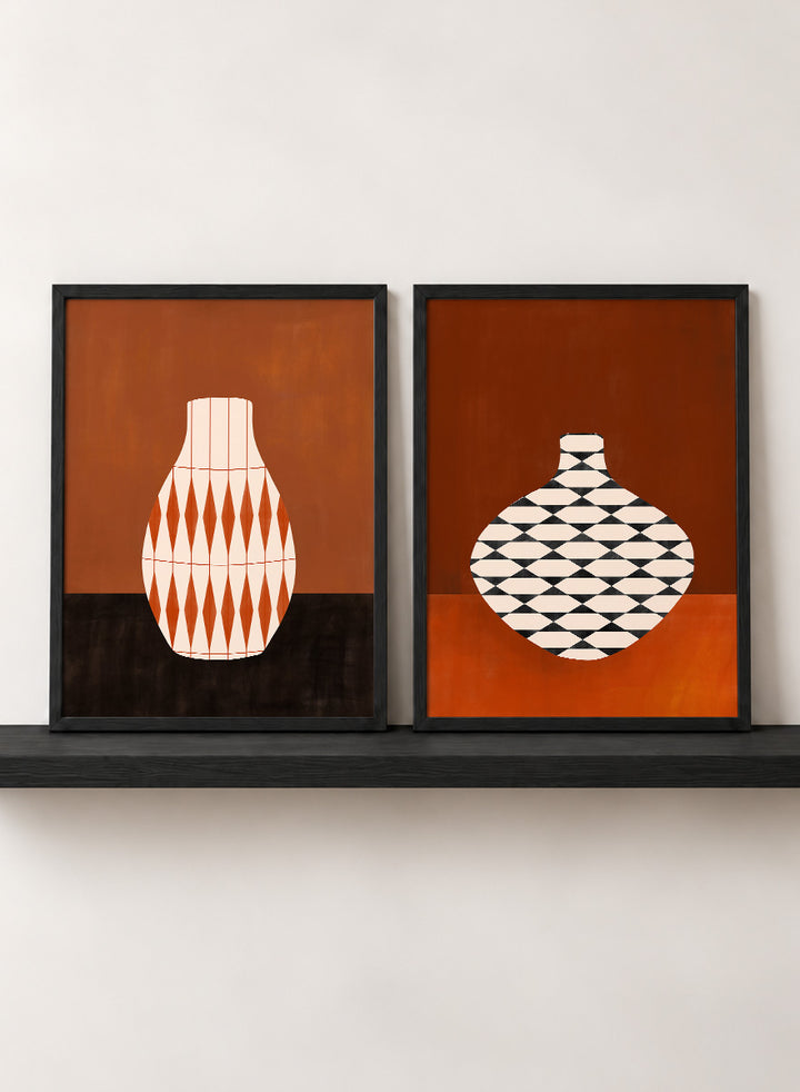 Shop Geometric Vase by Elena Ristova, a set of 2 modern wall art prints posters featuring bold patterned vases in orange, brown, black, and rich rust tones.