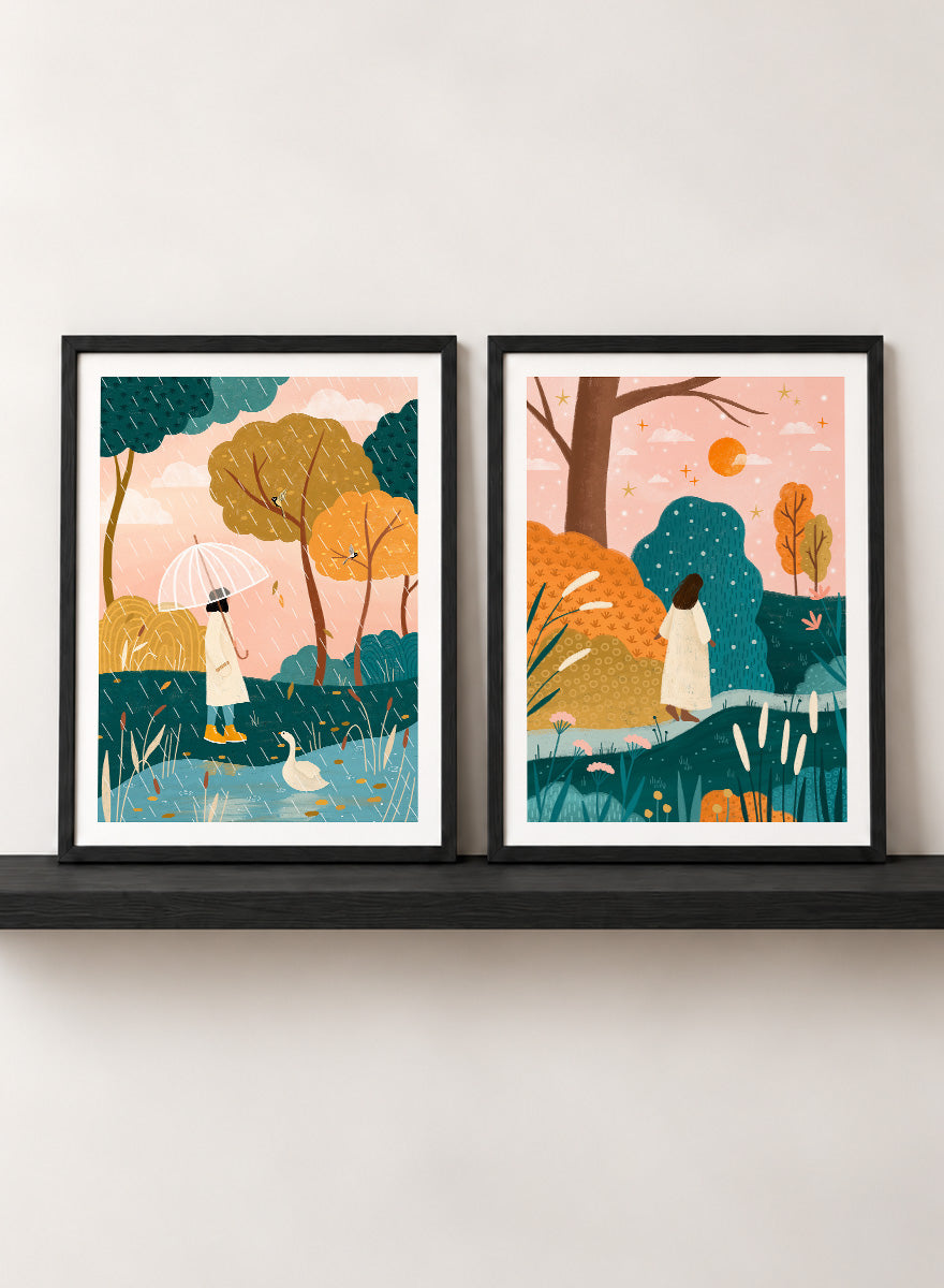 Shop Autumn Wanderings by Bea Müller, a set of 2 autumn wall art prints posters featuring women walking through colorful seasonal landscapes in green, orange and pink tones.