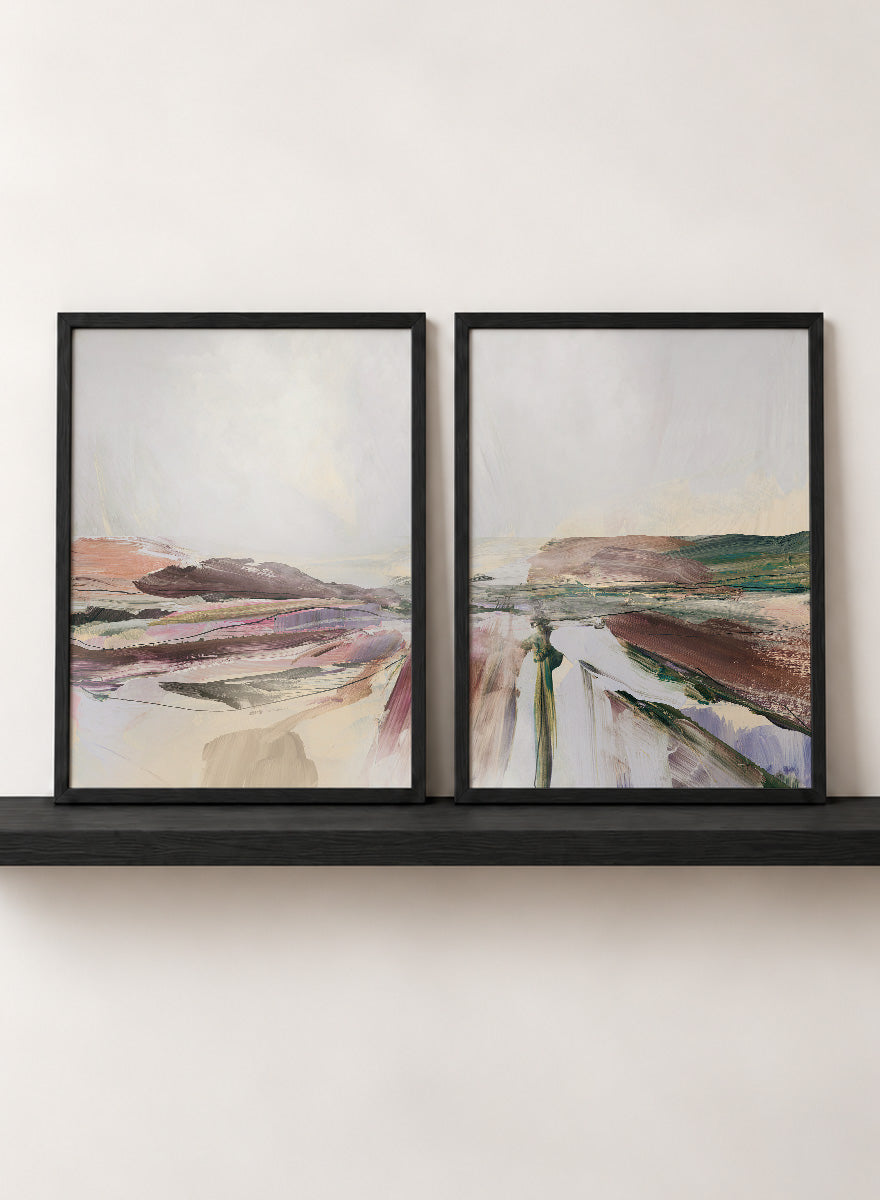 Shop Beauty by Dan Hobday, a set of 2 abstract landscape wall art prints posters featuring layered brushwork, open horizons, and soft brown and purple tones.