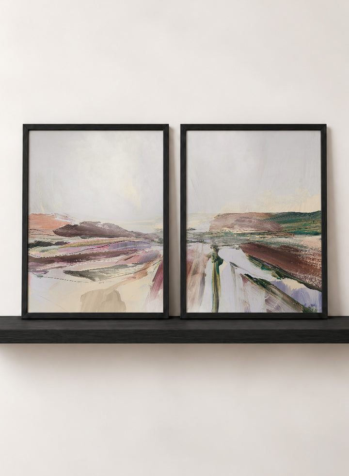 Shop Beauty by Dan Hobday, a set of 2 abstract landscape wall art prints posters featuring layered brushwork, open horizons, and soft brown and purple tones.