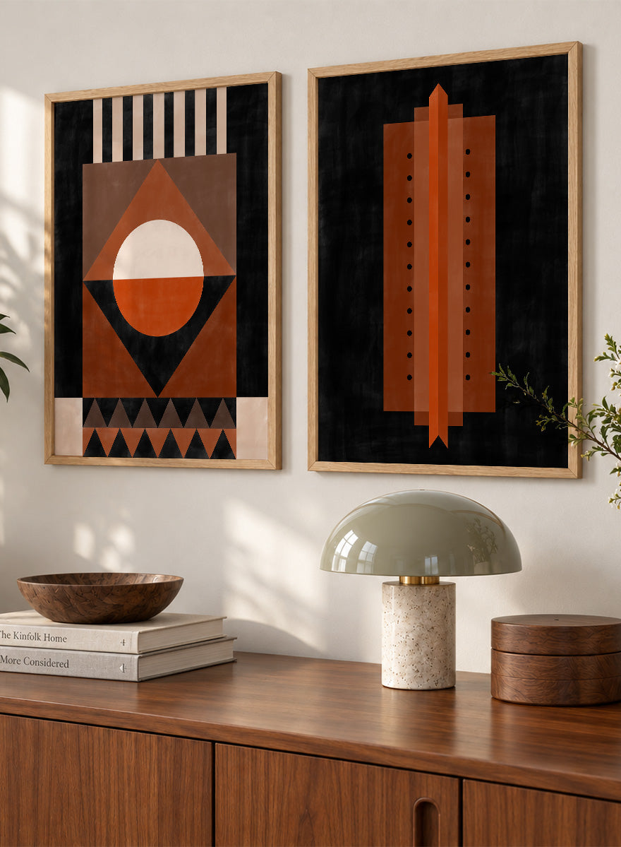 Shop Geometric Rhythm by Elena Ristova, a set of 2 modern wall art prints posters featuring folded stripes, stacked forms, terracotta tones, and bold graphic pattern.