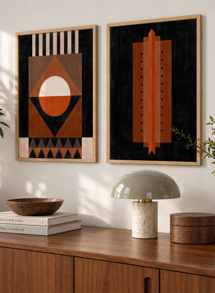 Shop Geometric Rhythm by Elena Ristova, a set of 2 modern wall art prints posters featuring folded stripes, stacked forms, terracotta tones, and bold graphic pattern.