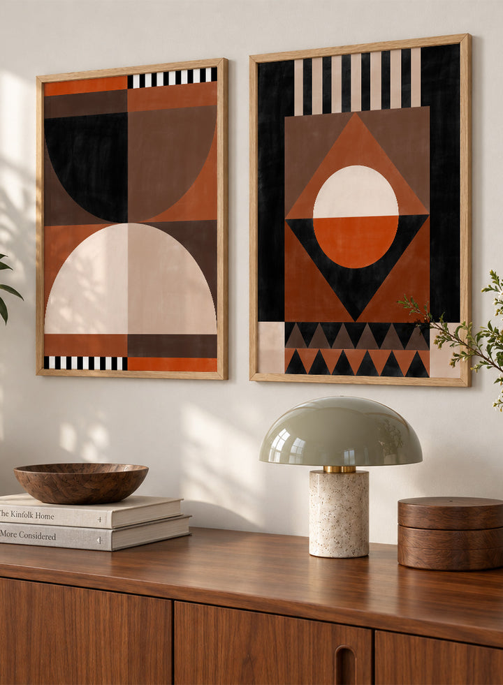 Shop Modern Earth Geometry by Elena Ristova, a set of 2 modern abstract wall art prints posters featuring circles, triangles, stripes, and warm earthy tones.