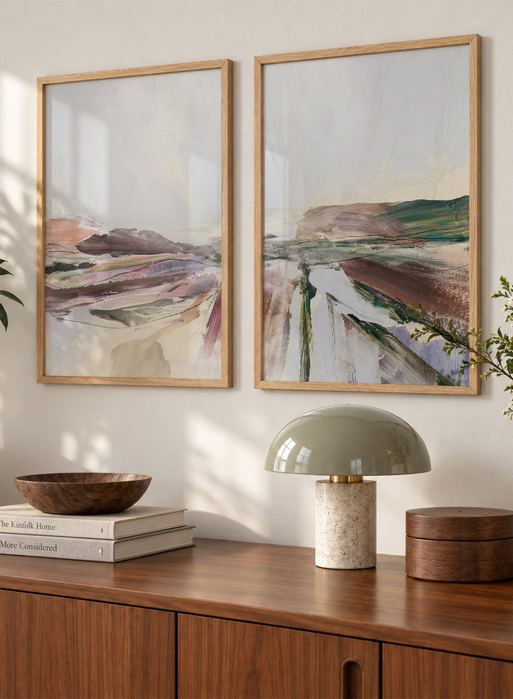 Shop Beauty by Dan Hobday, a set of 2 abstract landscape wall art prints posters featuring layered brushwork, open horizons, and soft brown and purple tones.