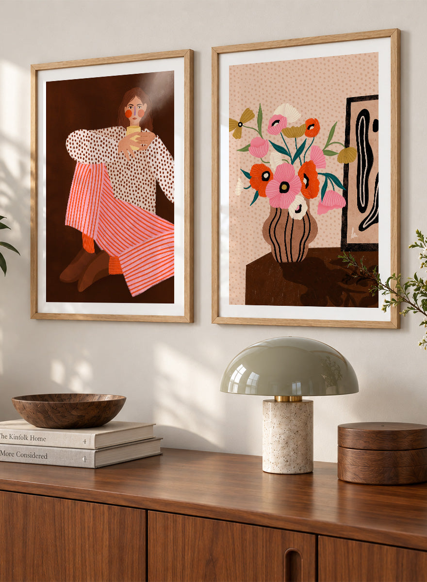Shop Autumn Mood by Bea Müller, a set of 2 wall art prints posters pairing a modern figurative portrait with a floral still life in warm brown tones.