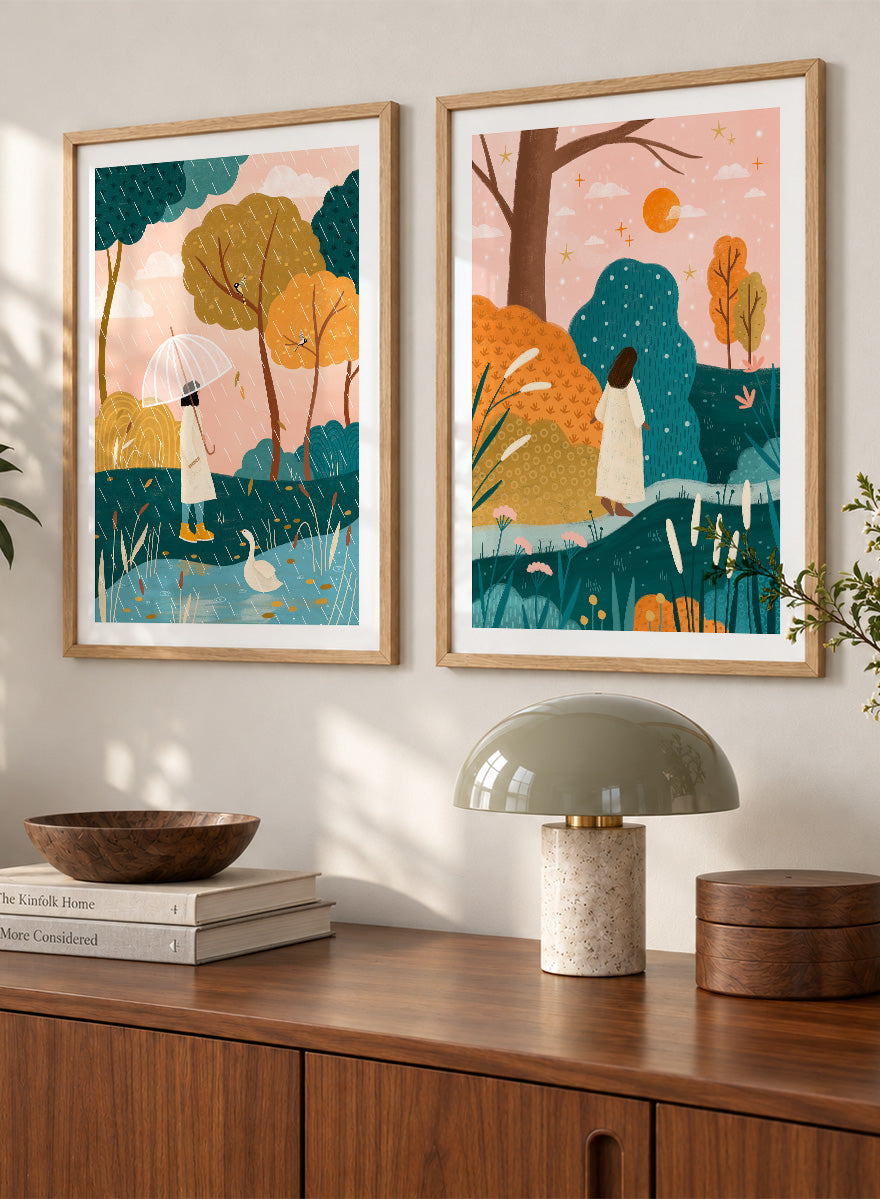 Shop Autumn Wanderings by Bea Müller, a set of 2 autumn wall art prints posters featuring women walking through colorful seasonal landscapes in green, orange and pink tones.