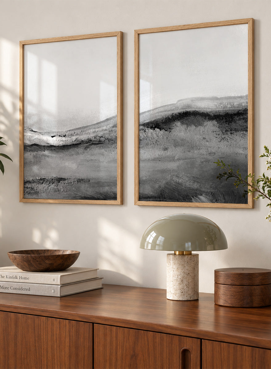 Shop Mono Landscape No.02 by Dan Hobday, a set of 2 black and white landscape wall art prints posters featuring layered hills and soft black and white tones.