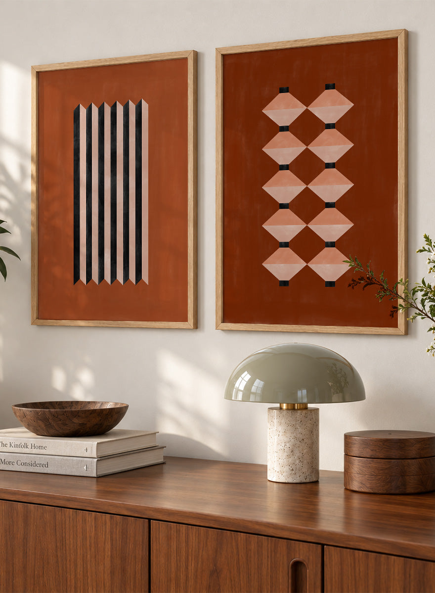 Shop Geometric Rhythm by Elena Ristova, a set of 2 modern wall art prints posters featuring folded stripes, stacked forms, terracotta tones, and bold graphic pattern.