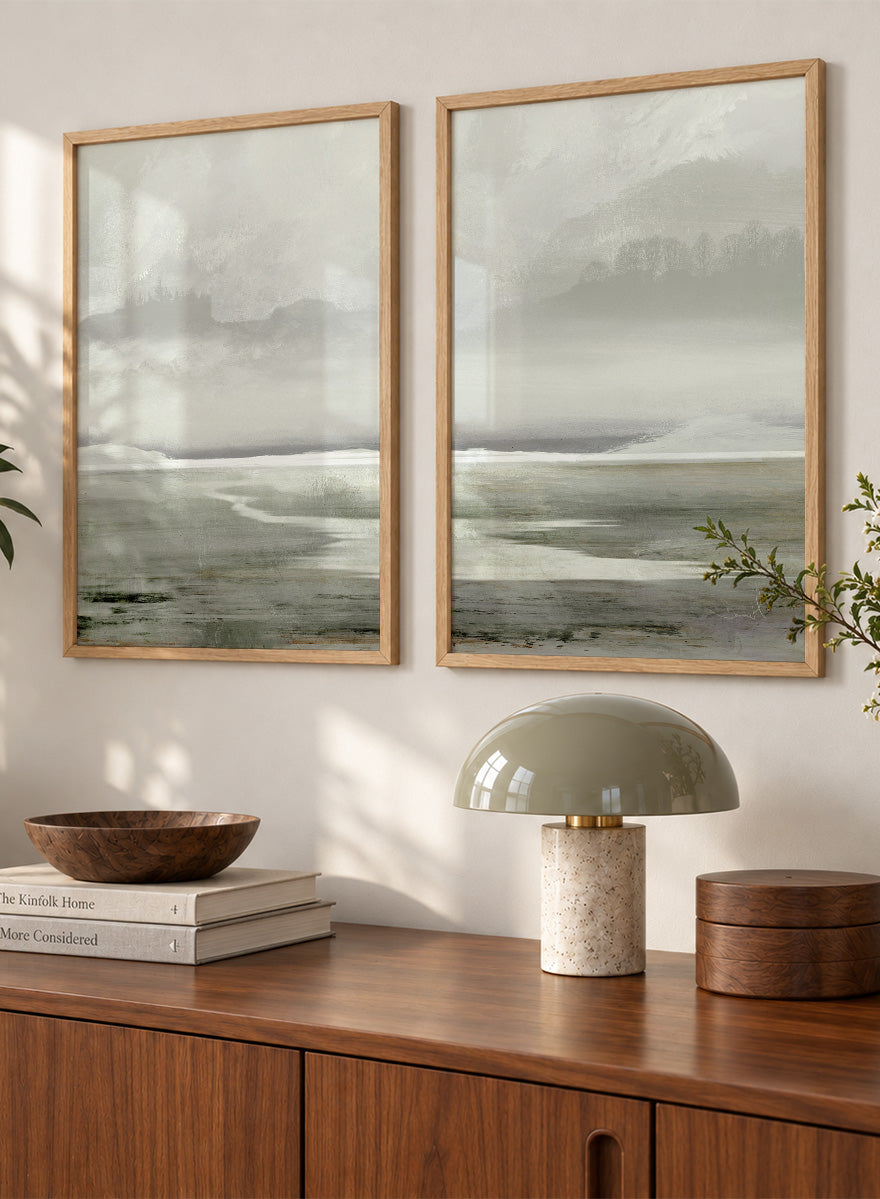Shop Lakes by Dan Hobday, a set of 2 landscape wall art prints posters featuring misty water, distant trees, and soft green lake scenery.