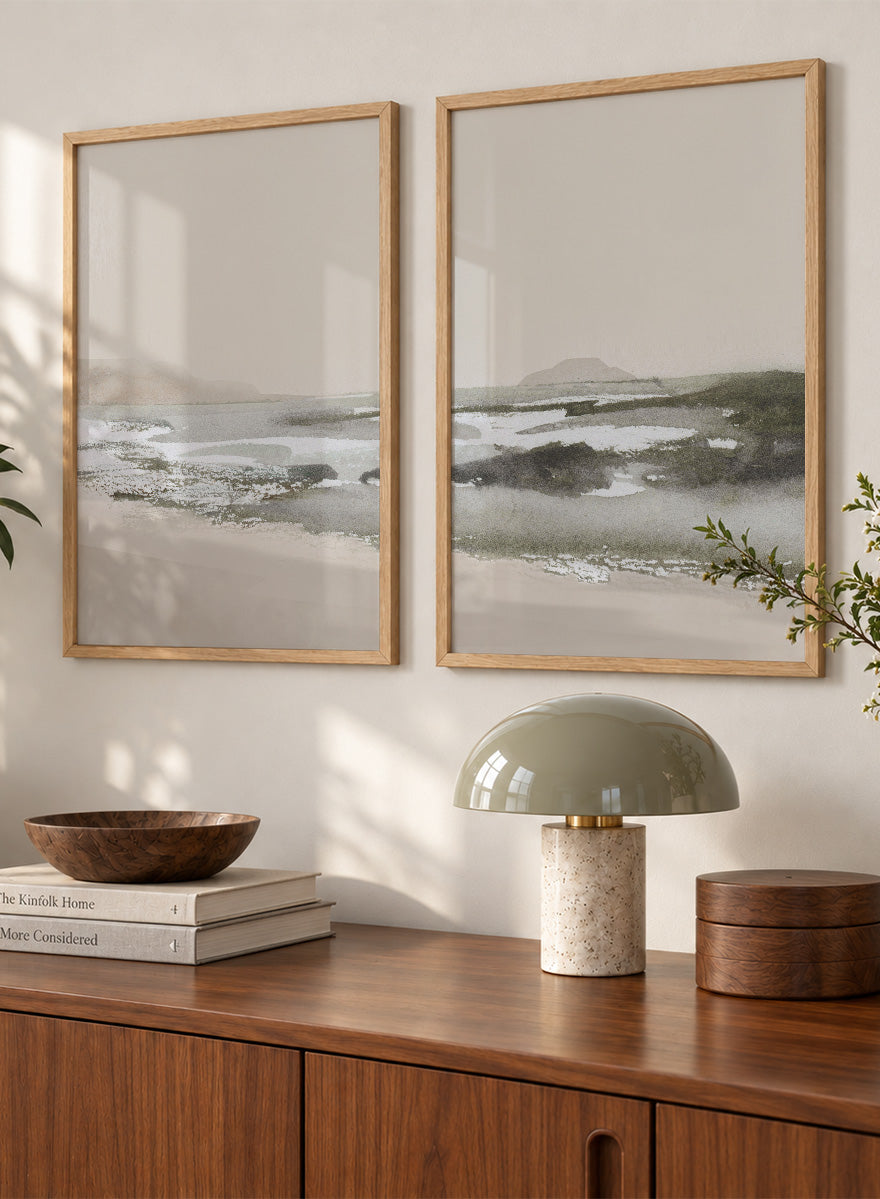 Shop Calm Beach by Dan Hobday, a set of 2 coastal landscape wall art prints posters capturing tidal sandbars, distant islands, and a quiet shoreline.