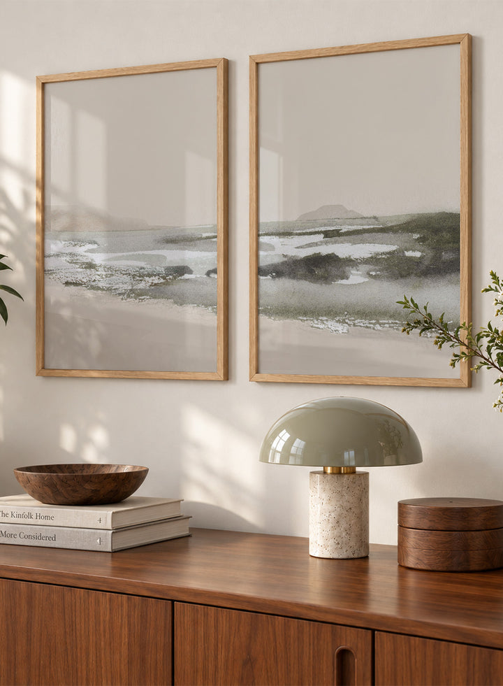Shop Calm Beach by Dan Hobday, a set of 2 coastal landscape wall art prints posters capturing tidal sandbars, distant islands, and a quiet shoreline.