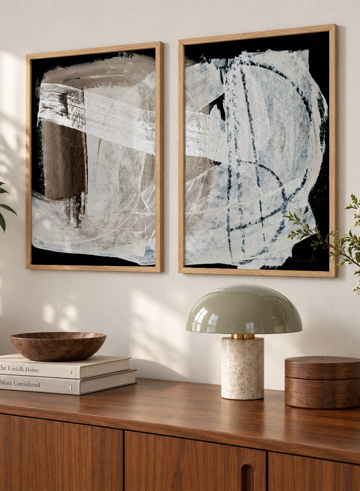 Shop Mind Art Print Set of 2 by Dan Hobday, an abstract wall art print poster pair with layered white brown brushwork and bold black contrast.
