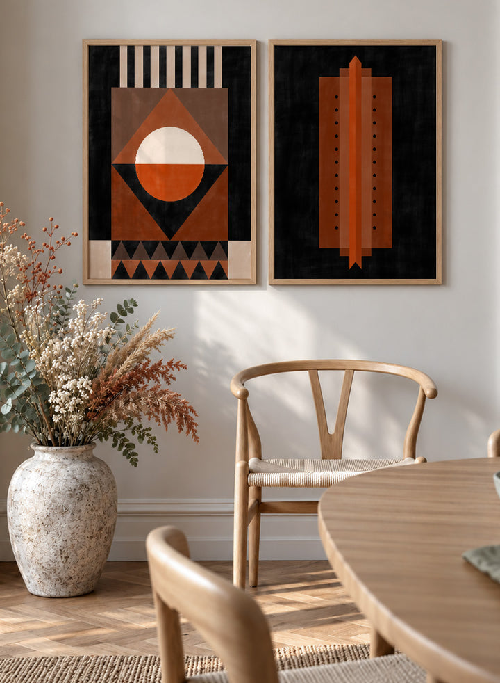Shop Geometric Rhythm by Elena Ristova, a set of 2 modern wall art prints posters featuring folded stripes, stacked forms, terracotta tones, and bold graphic pattern.