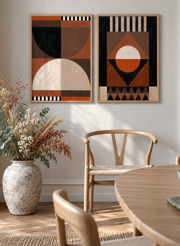 Shop Modern Earth Geometry by Elena Ristova, a set of 2 modern abstract wall art prints posters featuring circles, triangles, stripes, and warm earthy tones.