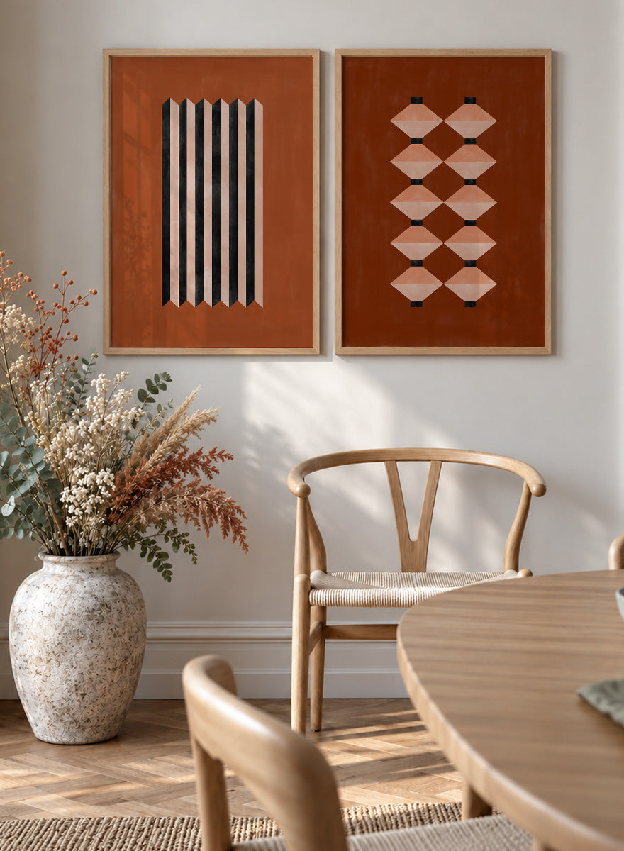 Shop Geometric Rhythm by Elena Ristova, a set of 2 modern wall art prints posters featuring folded stripes, stacked forms, terracotta tones, and bold graphic pattern.