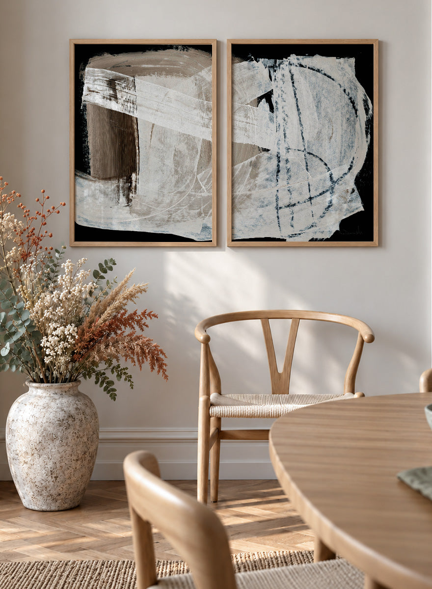 Shop Mind Art Print Set of 2 by Dan Hobday, an abstract wall art print poster pair with layered white brown brushwork and bold black contrast.