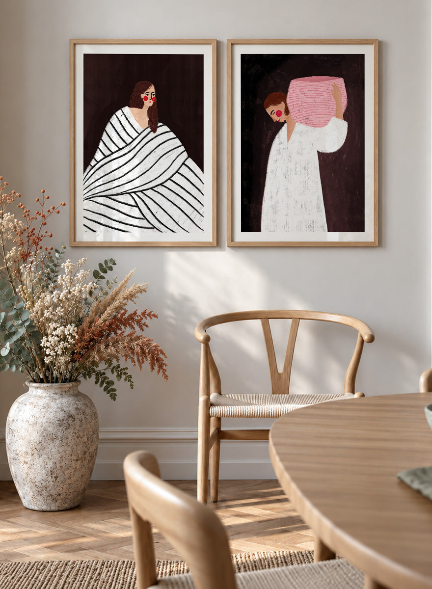 Shop In Her Own World by Bea Müller, a set of 2 figurative wall art prints posters featuring modern women, bold stripes, pink accents, and rich brown tones.