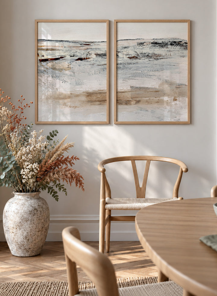 Shop August by Dan Hobday, a set of 2 abstract landscape wall art prints posters featuring a soft horizon, weathered texture, and warm cream tones.
