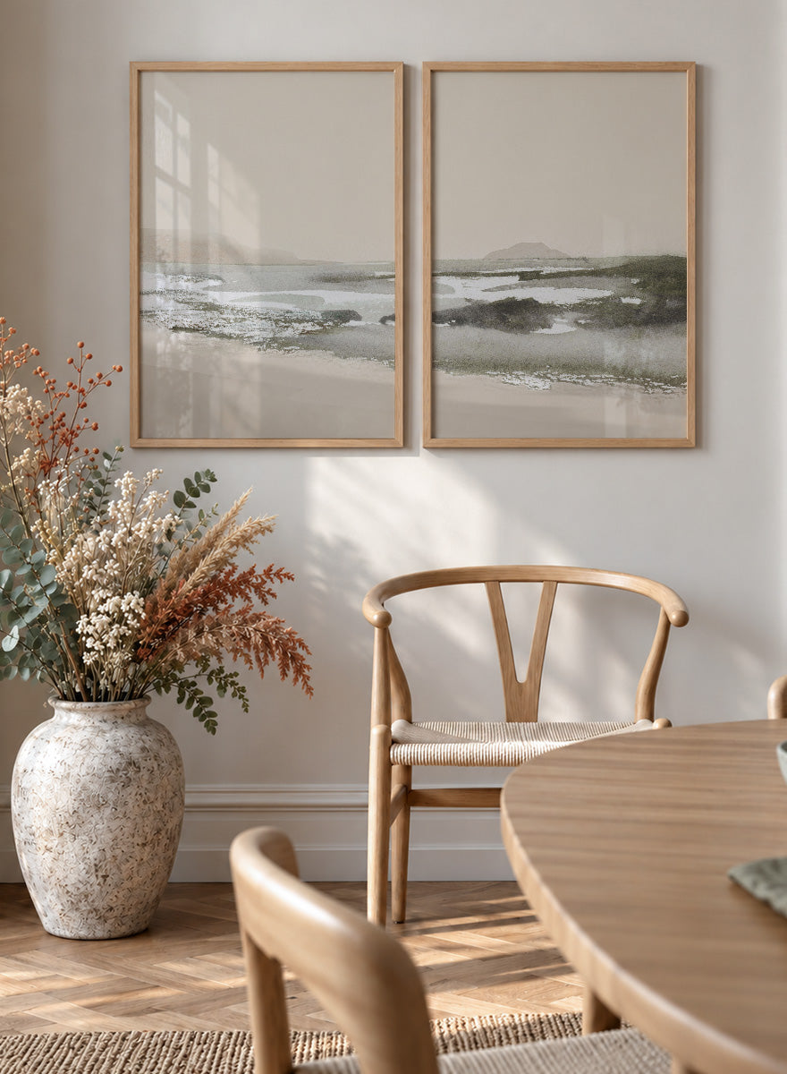 Shop Calm Beach by Dan Hobday, a set of 2 coastal landscape wall art prints posters capturing tidal sandbars, distant islands, and a quiet shoreline.