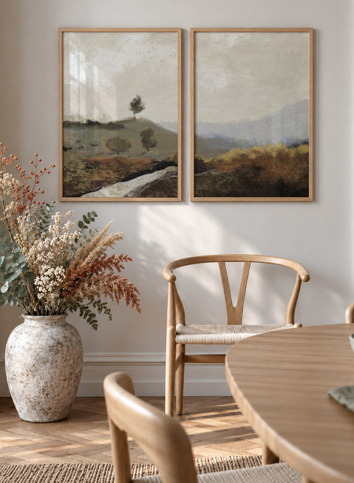Shop La Collina by Dan Hobday, a set of 2 landscape wall art prints posters featuring rolling hills, winding paths, and warm earthy countryside tones.