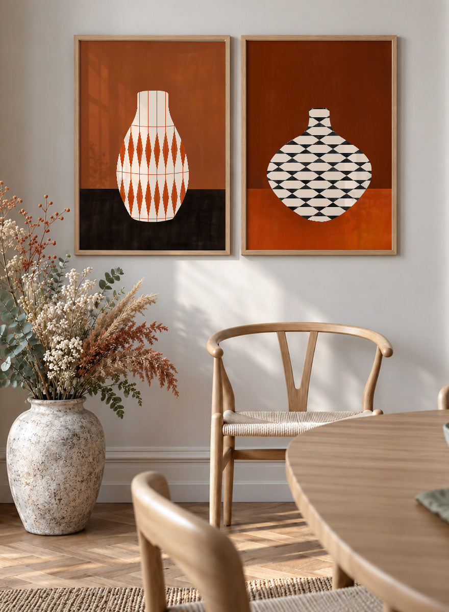 Shop Geometric Vase by Elena Ristova, a set of 2 modern wall art prints posters featuring bold patterned vases in orange, brown, black, and rich rust tones.