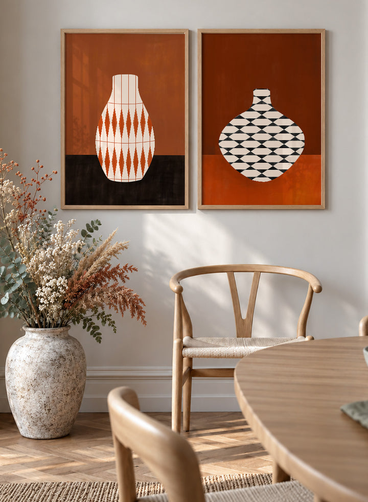 Shop Geometric Vase by Elena Ristova, a set of 2 modern wall art prints posters featuring bold patterned vases in orange, brown, black, and rich rust tones.