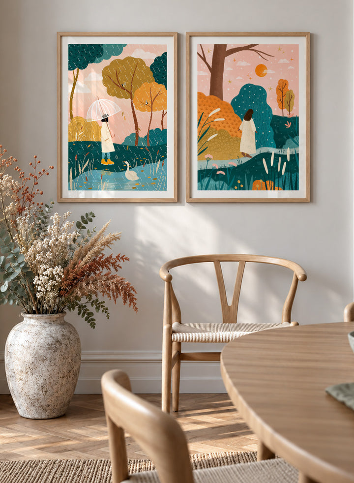 Shop Autumn Wanderings by Bea Müller, a set of 2 autumn wall art prints posters featuring women walking through colorful seasonal landscapes in green, orange and pink tones.