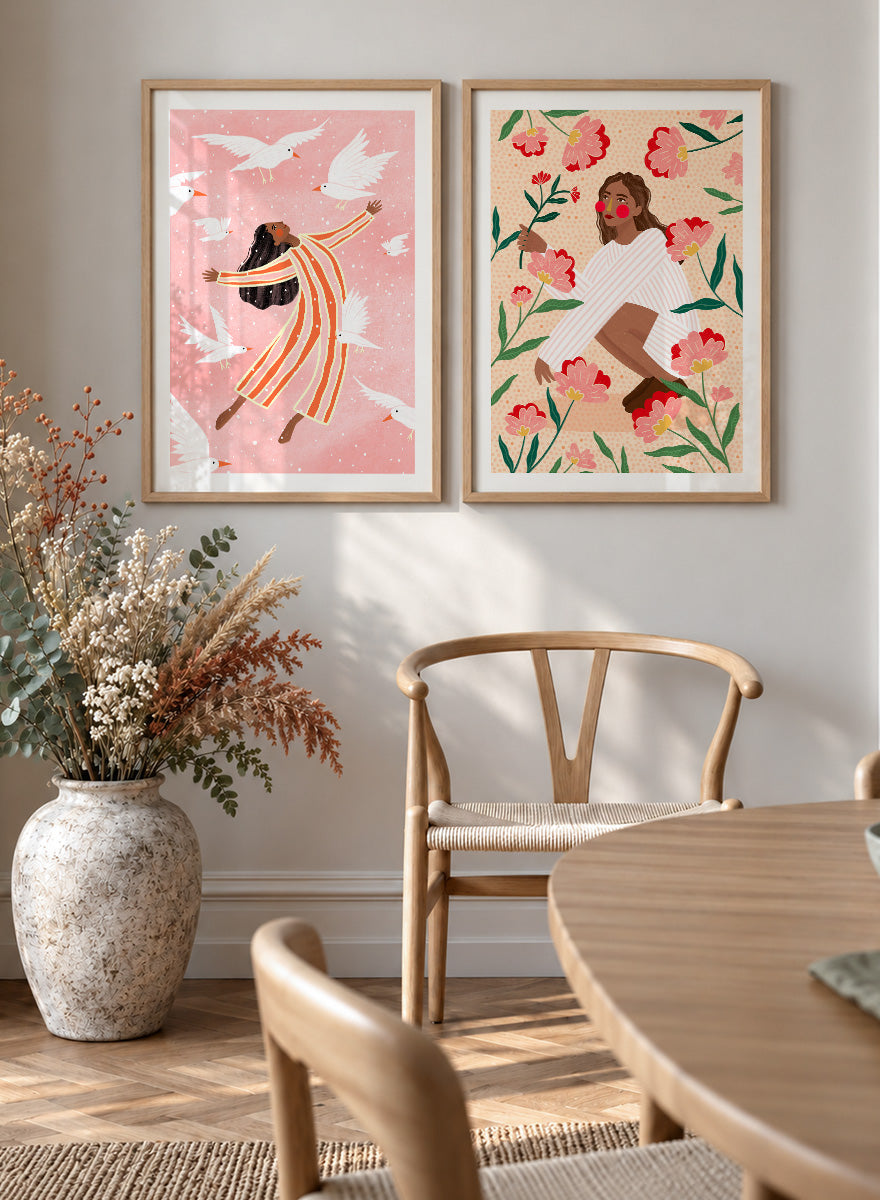 Shop In Her Happy Place by Bea Müller, a set of 2 figurative wall art prints posters featuring women surrounded by birds and flowers in soft pink tones.