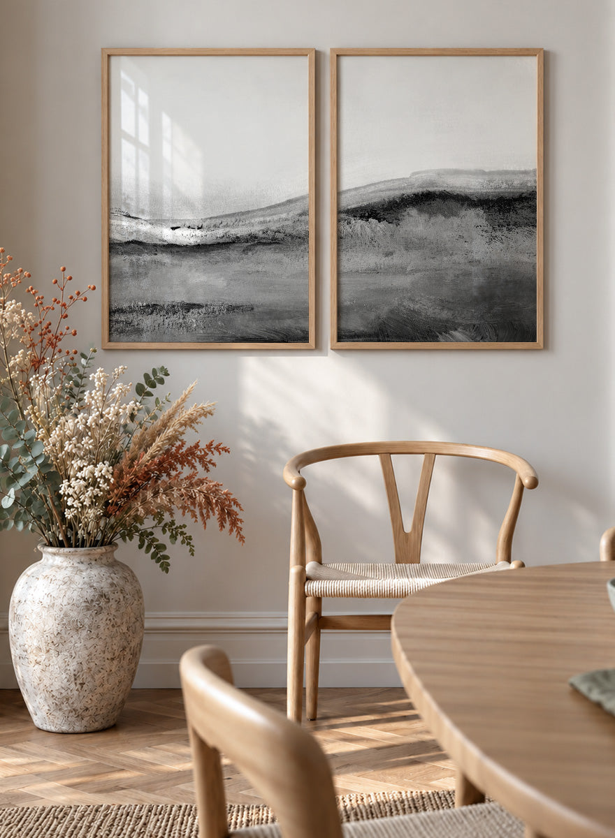 Shop Mono Landscape No.02 by Dan Hobday, a set of 2 black and white landscape wall art prints posters featuring layered hills and soft black and white tones.