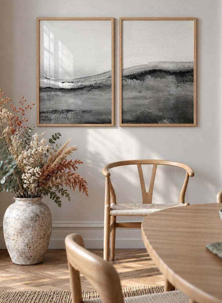 Shop Mono Landscape No.02 by Dan Hobday, a set of 2 black and white landscape wall art prints posters featuring layered hills and soft black and white tones.