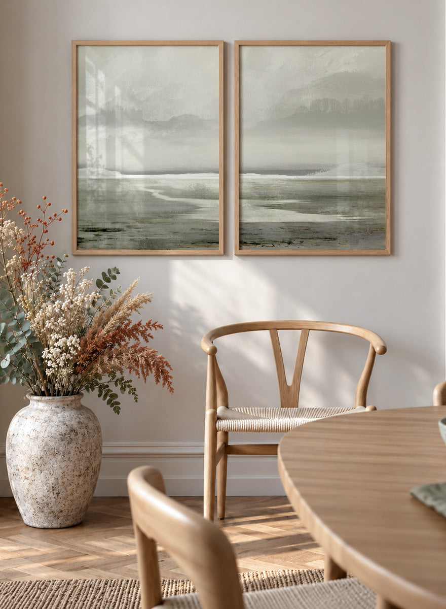 Shop Lakes by Dan Hobday, a set of 2 landscape wall art prints posters featuring misty water, distant trees, and soft green lake scenery.