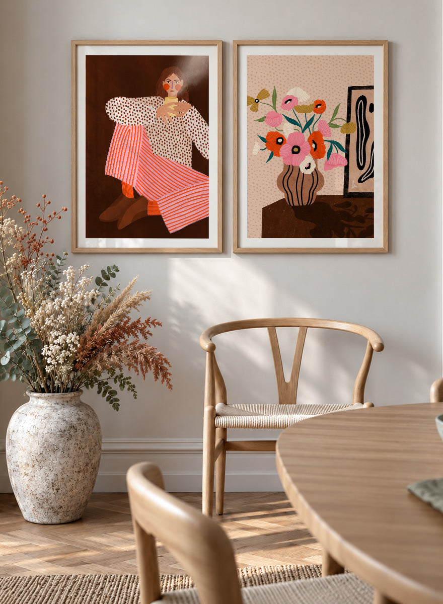 Shop Autumn Mood by Bea Müller, a set of 2 wall art prints posters pairing a modern figurative portrait with a floral still life in warm brown tones.