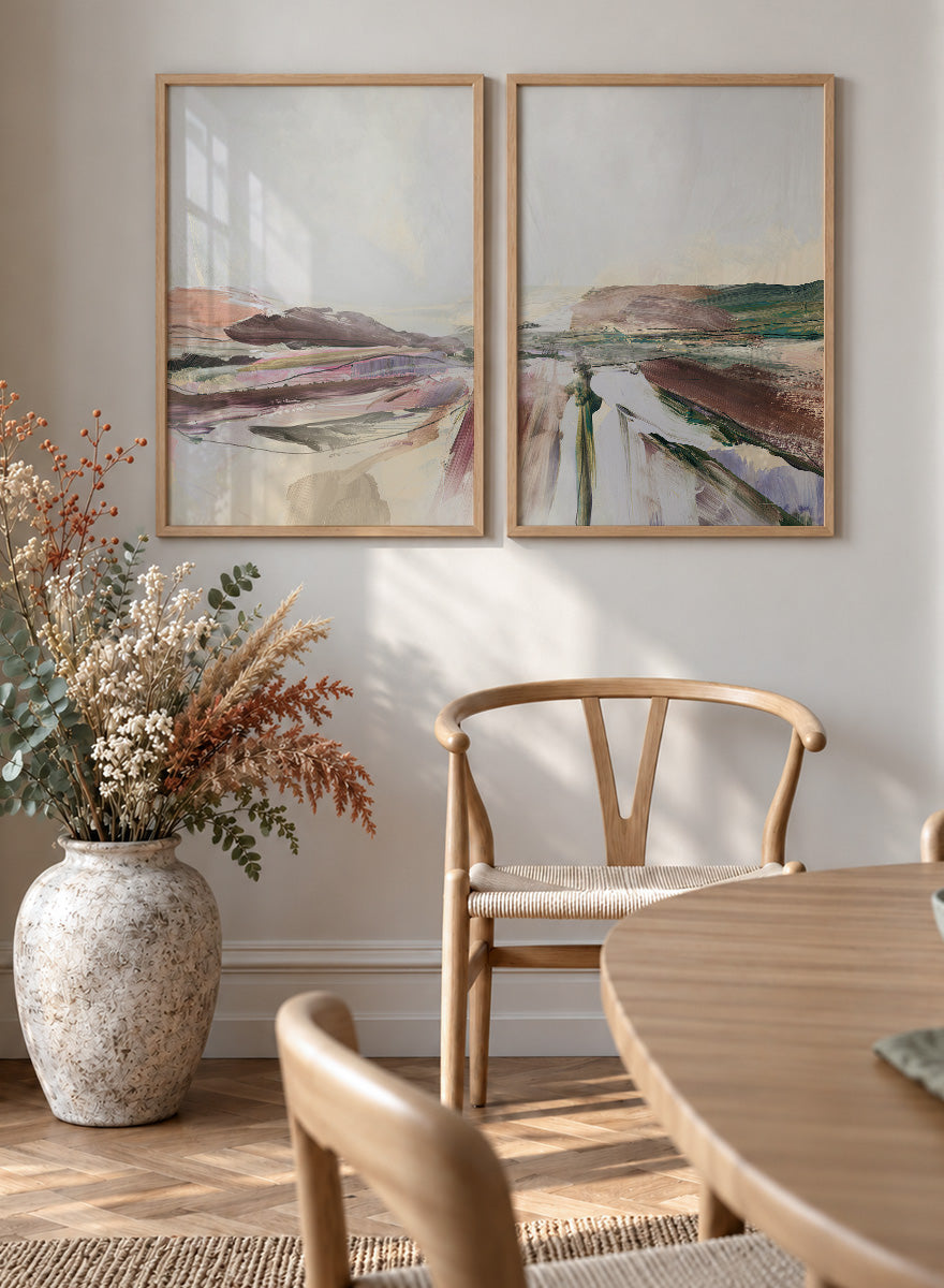 Shop Beauty by Dan Hobday, a set of 2 abstract landscape wall art prints posters featuring layered brushwork, open horizons, and soft brown and purple tones.