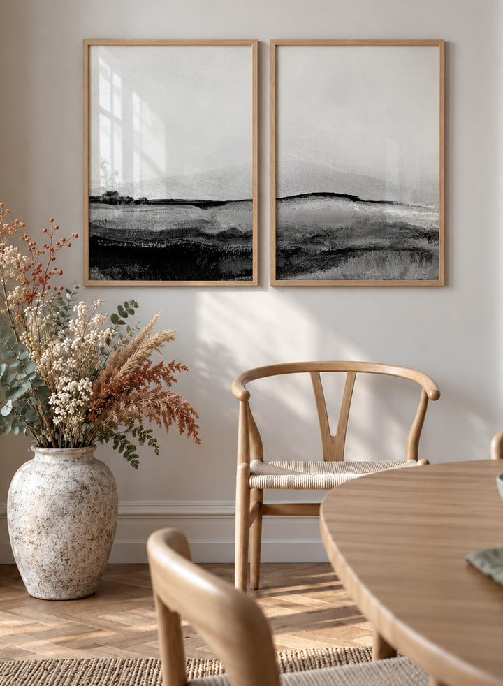 Shop Mono Landscape No.01 by Dan Hobday, a set of 2 black and white landscape wall art prints posters featuring layered hills and moody monochrome gray scenery.